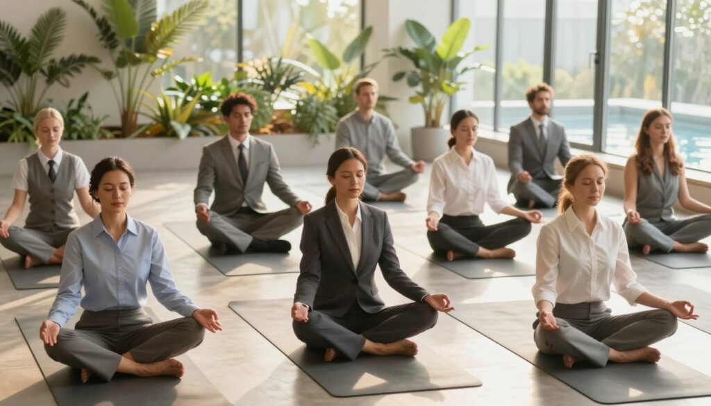 A serene meditation scene showcasing the benefits of meditation for both body and mind. In the foreground, a diverse group of individuals in professional business attire practice mindfulness on yoga mats, sitting in a peaceful lotus position. The middle ground features soft, glowing light filtering through large windows, casting gentle shadows and enhancing a calm atmosphere. In the background, vibrant green plants and a tranquil water feature create a natural setting. The image is bathed in warm, inviting colors, suggesting harmony and balance. The angle is slightly elevated, capturing the unity within the group as they embrace meditation, conveying a sense of connection and well-being. Emphasize the peaceful energy of the environment, reflecting the positive impact of meditation on stress relief and mental clarity. A serene meditation scene showcasing the benefits of meditation for both body and mind. In the foreground, a diverse group of individuals in professional business attire practice mindfulness on yoga mats, sitting in a peaceful lotus position. The middle ground features soft, glowing light filtering through large windows, casting gentle shadows and enhancing a calm atmosphere. In the background, vibrant green plants and a tranquil water feature create a natural setting. The image is bathed in warm, inviting colors, suggesting harmony and balance. The angle is slightly elevated, capturing the unity within the group as they embrace meditation, conveying a sense of connection and well-being. Emphasize the peaceful energy of the environment, reflecting the positive impact of meditation on stress relief and mental clarity.