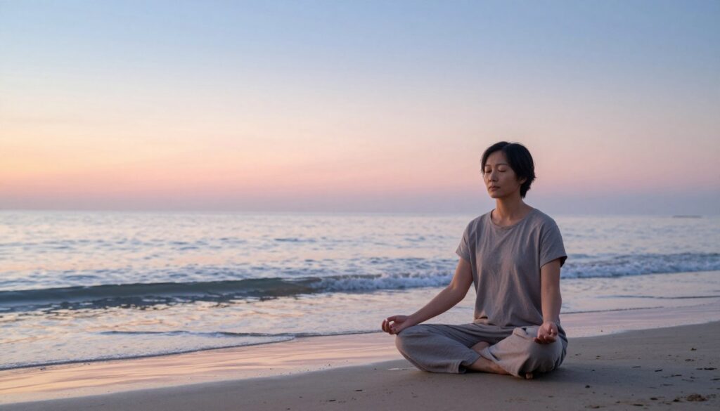 A serene meditation scene that captures the essence of "mind meditation." In the foreground, a person sits cross-legged on a peaceful beach at sunrise, wearing calm and modest attire, eyes gently closed. The middle ground features soft waves lapping at the shore, with gentle ripples reflecting the pastel colors of dawn—warm pinks, soft oranges, and cool blues merging seamlessly. In the background, a calmer ocean meets a clear sky, evoking tranquility and introspection. The lighting is soft and ethereal, illuminating the subject while creating a warm, inviting atmosphere. The overall mood is peaceful and reflective, highlighting the transformative effects of meditation on stress and anxiety.