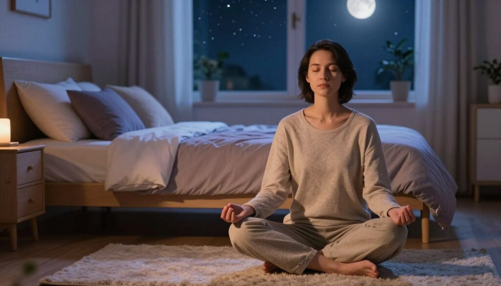 A serene nighttime setting illustrating the calming effects of meditation, focusing on a peaceful bedroom atmosphere. In the foreground, a person in modest casual clothing sits cross-legged on a soft rug, eyes closed, practicing meditation. Soft, warm lighting creates a cozy ambiance, highlighting their relaxed expression. In the middle ground, a neatly made bed with fluffy pillows invites relaxation, adorned with calming colors like lavender and soft blues. Behind, a tranquil window reveals a starry night sky, with gentle moonlight filtering in, enhancing the peaceful mood. The overall atmosphere is serene and inviting, promoting a sense of calm and the transition into restful sleep. Include soft shadows to create depth and warmth while ensuring the scene feels harmonious and tranquil. A serene nighttime setting illustrating the calming effects of meditation, focusing on a peaceful bedroom atmosphere. In the foreground, a person in modest casual clothing sits cross-legged on a soft rug, eyes closed, practicing meditation. Soft, warm lighting creates a cozy ambiance, highlighting their relaxed expression. In the middle ground, a neatly made bed with fluffy pillows invites relaxation, adorned with calming colors like lavender and soft blues. Behind, a tranquil window reveals a starry night sky, with gentle moonlight filtering in, enhancing the peaceful mood. The overall atmosphere is serene and inviting, promoting a sense of calm and the transition into restful sleep. Include soft shadows to create depth and warmth while ensuring the scene feels harmonious and tranquil.