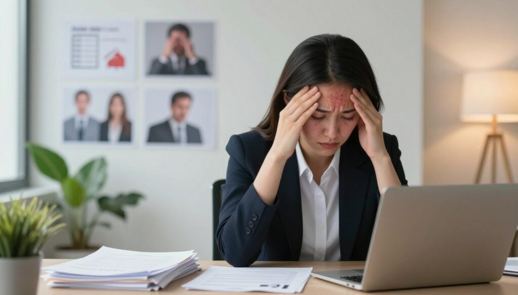 A serene office environment conveys the concept of stress triggers for hives. In the foreground, a stressed professional in smart casual attire holds their forehead, surrounded by papers and a laptop, symbolizing overwhelming work pressure. The middle ground features a wall with images depicting various stressors, like looming deadlines, interpersonal conflicts, and health concerns. The background is softly blurred, showing a calm indoor plant and a window letting in warm daylight, implying hope and relaxation. The lighting is soft and diffused, casting a gentle glow over the scene. The overall mood is a blend of tension and the possibility of relief, highlighting the theme of triggers that exacerbate symptoms of stress-induced hives.