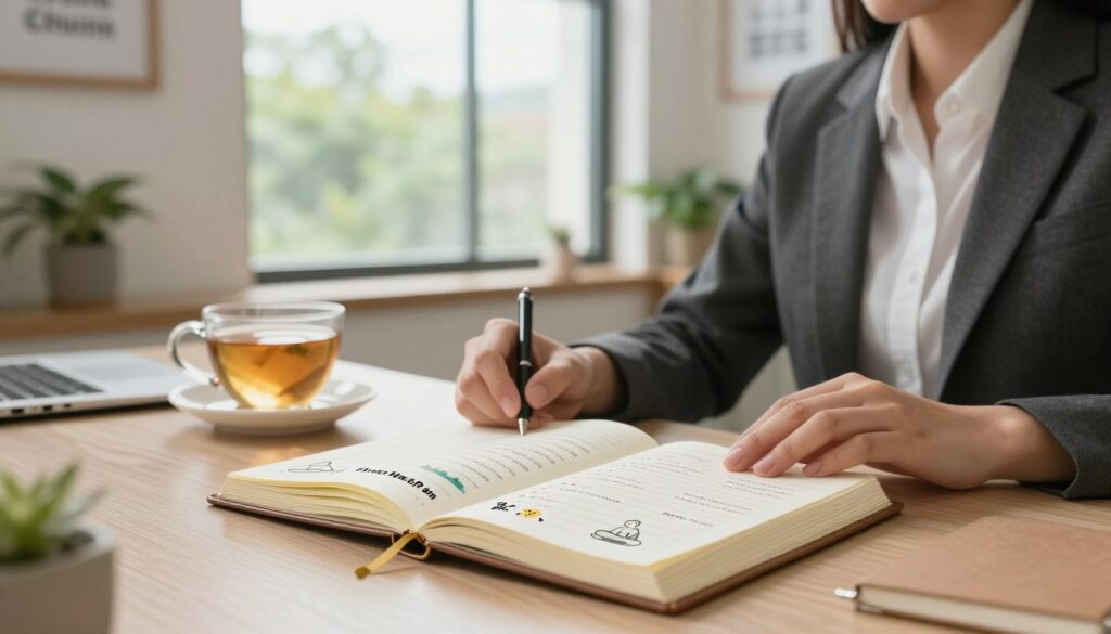 A serene office environment depicting a professional individual, dressed in smart casual attire, seated at a desk with a well-organized planner and a calming cup of herbal tea. In the foreground, the planner is open to a page titled “Stress Relief Plan” with bullet points illustrated through subtle visual icons, like a yoga pose, nature scene, and mindfulness meditation. In the middle ground, a large window floods the room with natural light, showcasing greenery outside that symbolizes growth and relaxation. The background features soft, warm lighting, with plants and motivational quotes framed on the walls, creating an atmosphere of tranquility and focus. The overall mood conveys a sense of calm and hope, emphasizing a structured yet gentle approach to managing stress in the future.