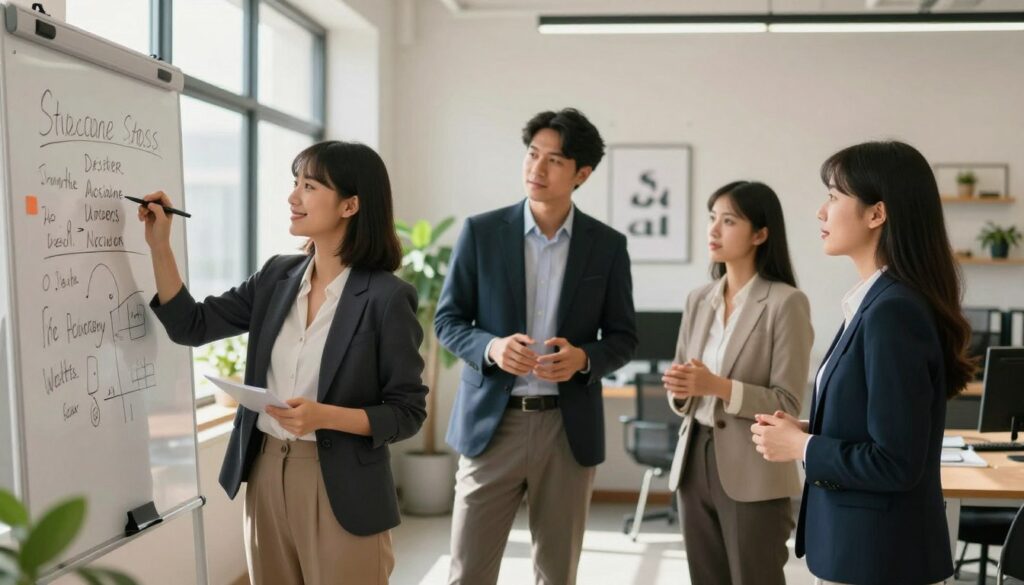 A serene office environment featuring a diverse group of three professionals engaged in a collaborative brainstorming session. In the foreground, a woman in smart casual attire writes notes on a whiteboard with a confident smile, symbolizing proactive stress management. In the middle, a man in a business suit shares ideas, his gestures expressive yet calm, while another professional, a woman in a blazer, listens attentively, nodding in agreement. The background reveals a well-lit workspace with indoor plants and motivational artwork, creating an uplifting atmosphere. Soft, natural light streams in through large windows, casting gentle shadows and adding warmth to the scene. The overall mood is positive and focused, illustrating effective coping strategies for stress.