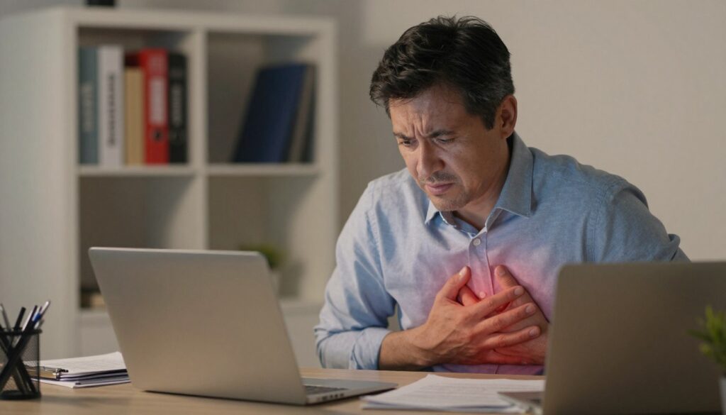A serene office environment focusing on a middle-aged professional man sitting at a desk, visibly contemplating with a worried expression. In the foreground, a subtle shadow indicates the presence of chest pain, represented by a soft red glow around his chest area. The middle ground features papers and a laptop, emphasizing the stress of work. In the background, a neat bookshelf lined with health and wellness books creates a calming contrast. The lighting is soft and warm, casting gentle shadows, suggesting an early evening ambiance. Include a close-up perspective to capture the man’s expressions and surroundings, evoking a sense of introspection about stress-related chest pain while keeping the atmosphere professional and relatable.