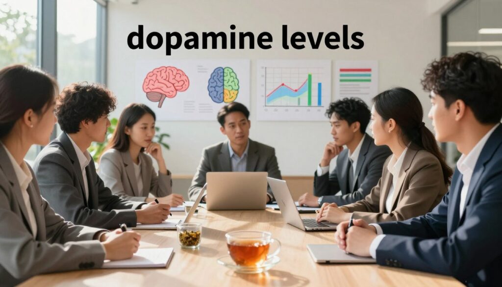 A serene office environment illustrating the concept of "dopamine levels". In the foreground, a diverse group of professionals in business attire engage in a vibrant brainstorming session, their expressions depicting motivation and creativity. In the middle ground, a warm cup of herbal tea sits on a modern desk, symbolizing relaxation and recovery, while colorful charts depicting brain activity and dopamine levels subtly align on the wall. The background shows a calming view of nature through large windows, with sunlight streaming in, casting soft shadows and creating a sense of tranquility. The overall atmosphere should evoke a sense of hope, balance, and rejuvenation, emphasizing the theme of rebuilding dopamine levels in everyday life.