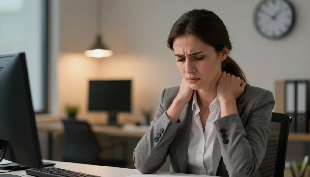 A serene office environment illustrating the physical symptoms of stress in the human body. In the foreground, a professional woman in modest business attire, sitting at a desk with a tense expression, her hands gripping the edge tightly. In the middle, visible tension around her shoulders and neck, alongside a subtle frown on her face. The background features a warm-lit office with soft lighting, a cluttered desk, and a clock indicating late hours, creating a sense of urgency. The atmosphere conveys a mix of anxiety and introspection, reflecting the burden of stress in professional life. The composition should have a shallow depth of field, focusing on her expression while softly blurring the office details to enhance emotional impact.