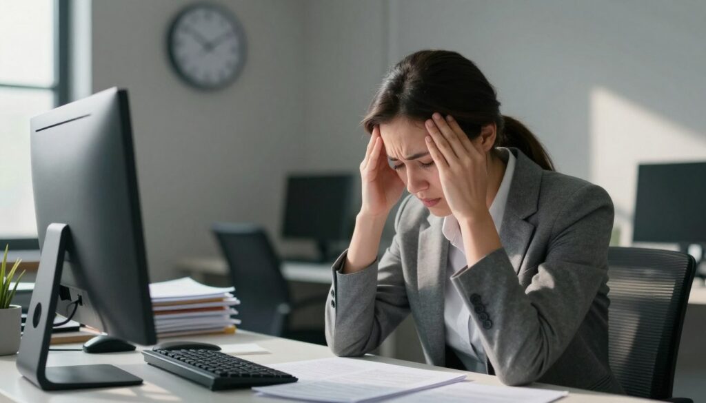A serene office environment reflecting a stressful workplace atmosphere. In the foreground, a professional individual in modest business attire sits at a desk, holding their head in frustration, with a pained expression capturing the essence of anxiety and dizziness. In the middle ground, the workspace is cluttered with paperwork and a computer, hinting at overwhelming responsibilities. The background features soft-focus elements, such as a clock ticking and muted colors on the walls, suggesting the passage of time and growing tension. Natural light streams in through a window, casting gentle shadows that enhance the mood of unease. Use a slightly tilted angle to symbolize the sensation of dizziness, creating a compelling visual narrative related to nervous-related dizziness in daily life. A serene office environment reflecting a stressful workplace atmosphere. In the foreground, a professional individual in modest business attire sits at a desk, holding their head in frustration, with a pained expression capturing the essence of anxiety and dizziness. In the middle ground, the workspace is cluttered with paperwork and a computer, hinting at overwhelming responsibilities. The background features soft-focus elements, such as a clock ticking and muted colors on the walls, suggesting the passage of time and growing tension. Natural light streams in through a window, casting gentle shadows that enhance the mood of unease. Use a slightly tilted angle to symbolize the sensation of dizziness, creating a compelling visual narrative related to nervous-related dizziness in daily life.