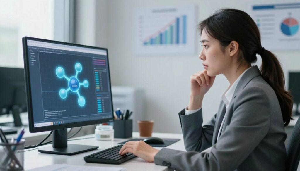 A serene office environment showcasing a professional female scientist in business attire, thoughtfully analyzing data on a computer screen. In the foreground, a visual representation of the hormone prolactin, depicted as a glowing molecule, symbolizing its significance in stress-related studies. The background features subtle charts and graphs illustrating the relationship between stress and prolactin levels. Soft, natural lighting filters through a nearby window, creating a calm and focused atmosphere. The lens captures a medium angle, emphasizing both the subject and the data. This composition seeks to convey a sense of inquiry and professionalism, highlighting the intricate connection between stress and hormonal influence.