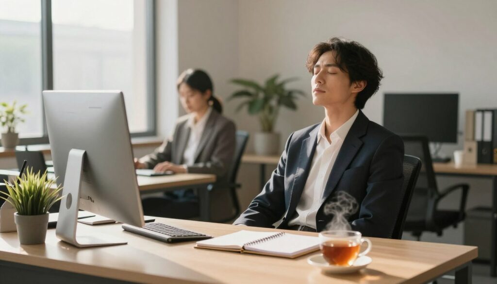 A serene office environment showcasing a professional workspace designed to reduce stress. In the foreground, a desk is adorned with minimalistic decor: a small plant, a steaming cup of tea, and a neatly organized planner. In the middle ground, a person dressed in smart casual attire is seen taking a deep breath, a moment of mindfulness among tasks. The background features large windows that allow natural light to flood the space, casting soft shadows. The overall mood is calm and focused, evoking a sense of tranquility despite the busy work atmosphere. The lighting is warm and inviting, with a focus on soft contrasts that enhance the comforting vibe.
