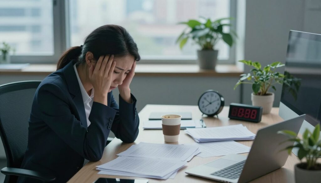 A serene office environment showcasing the theme of stress and its manifestations. In the foreground, a professional woman in smart casual attire sits at her desk, looking overwhelmed with paperwork scattered around, her expression reflecting anxiety and fatigue. In the middle, a half-empty coffee cup and a digital clock displaying late hours symbolize burnout, while a potted plant struggles in the corner, hinting at neglected self-care. The background features a blurred window with a city scene, allowing soft, natural light to filter in, casting gentle shadows that create a moody atmosphere. The overall color palette leans towards muted blues and grays, evoking a sense of stress and tension. Capture the scene from a slightly elevated angle, emphasizing the feeling of isolation amidst the chaos.