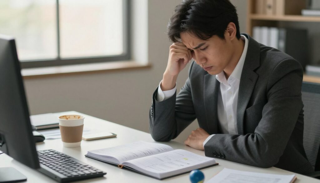 A serene office environment, subtly depicting the symptoms of stress in a professional setting. In the foreground, a person in smart business attire sits at a cluttered desk, their expression contemplative, with furrowed brows and a slightly tense posture. In the middle ground, an open planner filled with notes, a half-empty coffee cup, and a stress ball indicate the pressures of daily life. The background features a soft-focus window with warm, natural light streaming in, casting gentle shadows. The mood is reflective and slightly tense, conveying an atmosphere of overwhelming responsibilities. The scene captures the essence of recognizing stress symptoms before they escalate into chronic issues, balanced with a sense of hope for managing stress effectively. A serene office environment, subtly depicting the symptoms of stress in a professional setting. In the foreground, a person in smart business attire sits at a cluttered desk, their expression contemplative, with furrowed brows and a slightly tense posture. In the middle ground, an open planner filled with notes, a half-empty coffee cup, and a stress ball indicate the pressures of daily life. The background features a soft-focus window with warm, natural light streaming in, casting gentle shadows. The mood is reflective and slightly tense, conveying an atmosphere of overwhelming responsibilities. The scene captures the essence of recognizing stress symptoms before they escalate into chronic issues, balanced with a sense of hope for managing stress effectively.