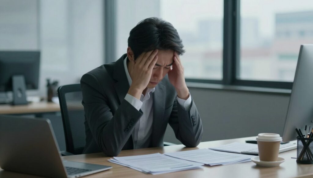 A serene office environment subtly overwhelmed by the signs of stress. In the foreground, a professional individual in modest business attire sits at a desk, cradling their head in their hands, eyes closed, conveying feelings of overwhelm. The middle layer features scattered papers and an empty coffee cup, hinting at chaos and fatigue. In the background, a softly lit window reveals a blurred cityscape, symbolizing the outside world’s pressures. Dim, natural lighting casts gentle shadows, creating a calm yet tense atmosphere. The overall mood is one of contemplation, portraying the physical and emotional symptoms of stress while maintaining a professional setting.