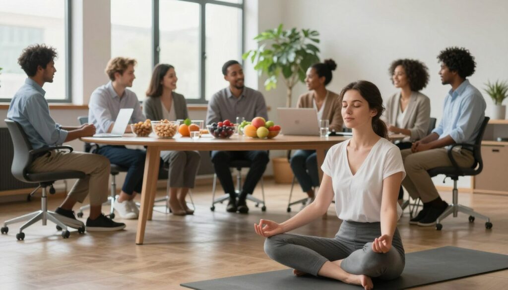 A serene office environment with a diverse group of professionals engaged in activities that promote stress resilience. In the foreground, a focused woman in professional attire is practicing mindfulness meditation on a yoga mat. In the middle layer, a diverse team of colleagues share ideas, laughing and interacting positively around a round table filled with healthy snacks, like fruits and nuts. In the background, large windows let in soft, natural light, illuminating green plants that symbolize growth and vitality. The overall atmosphere is calm and collaborative, reflecting harmony and strength against stress, with warm colors enhancing a sense of comfort and positivity. The scene captures the essence of habits that build long-term resilience to stress.