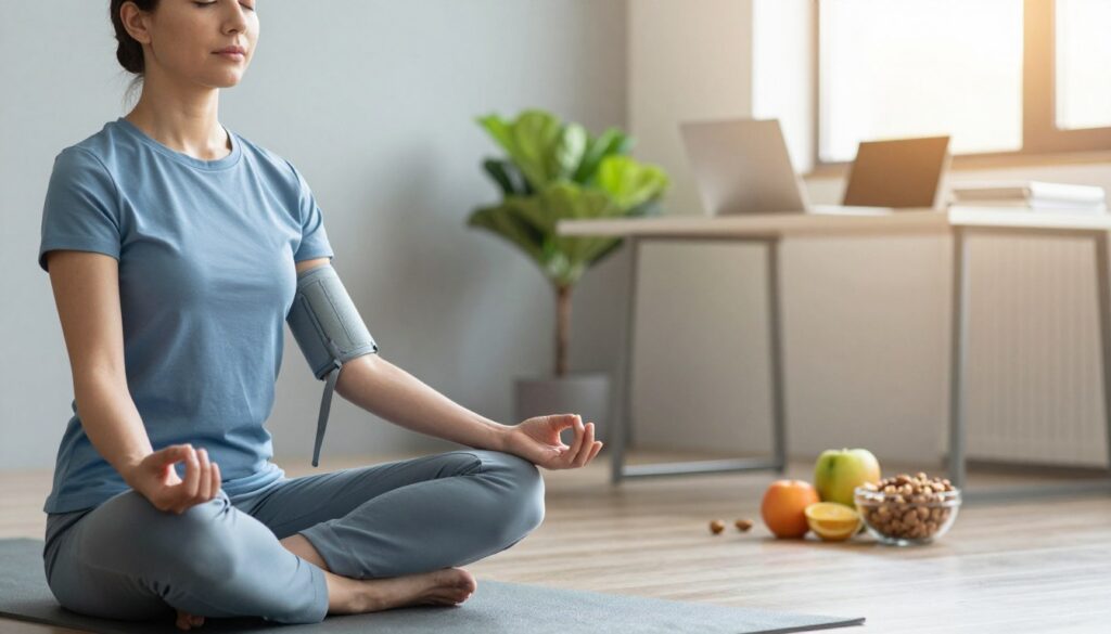 A serene office environment with a professional-looking individual, dressed in modest business attire, practicing mindfulness techniques. In the foreground, the person is seated cross-legged on a yoga mat, eyes closed, exuding calmness. In the middle, a small indoor plant adds a touch of nature, while a desk with a laptop and healthy snacks like fruit and nuts is visible, symbolizing a balanced lifestyle. The background features soft, diffused sunlight filtering through a window, creating a warm and inviting atmosphere. The color palette should consist of soothing blues and greens, promoting tranquility. The overall mood conveys a sense of peace and wellness, emphasizing practical stress-reduction strategies for maintaining healthy blood pressure.