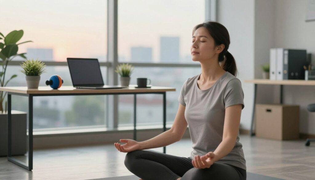 A serene office environment with a professional woman practicing stress reduction techniques. In the foreground, she is seated on a yoga mat, demonstrating deep breathing; her calm expression reflects tranquility. The middle layer includes a modern desk with a laptop and stress relief tools like a small plant and a stress ball. In the background, a large window shows a peaceful cityscape, with soft daylight filtering in, creating a warm and inviting atmosphere. Use natural lighting to enhance the mood of relaxation. A shallow depth of field emphasizes the woman in focus, while the background blurs gently, suggesting a sense of escape from tension. The overall ambiance should evoke serenity and practicality, conveying effective stress relief methods.