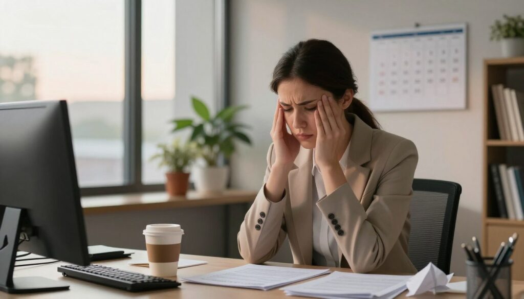 A serene office setting during the late afternoon with soft, warm lighting filtering through large windows. In the foreground, a professional woman in modest business attire sits at a desk, her facial expression revealing subtle signs of stress, such as a furrowed brow and clenched hands. Beside her, a half-full cup of coffee and disheveled paperwork illustrate the feeling of overwhelm. In the middle ground, a calendar on the wall is marked with deadlines, hinting at the looming pressure of work. In the background, potted plants and bookshelves add a calming vibe, contrasting the tension in the foreground. The overall atmosphere is one of quiet unease and introspection, emphasizing the often-ignored signs of stress in a professional and relatable manner.