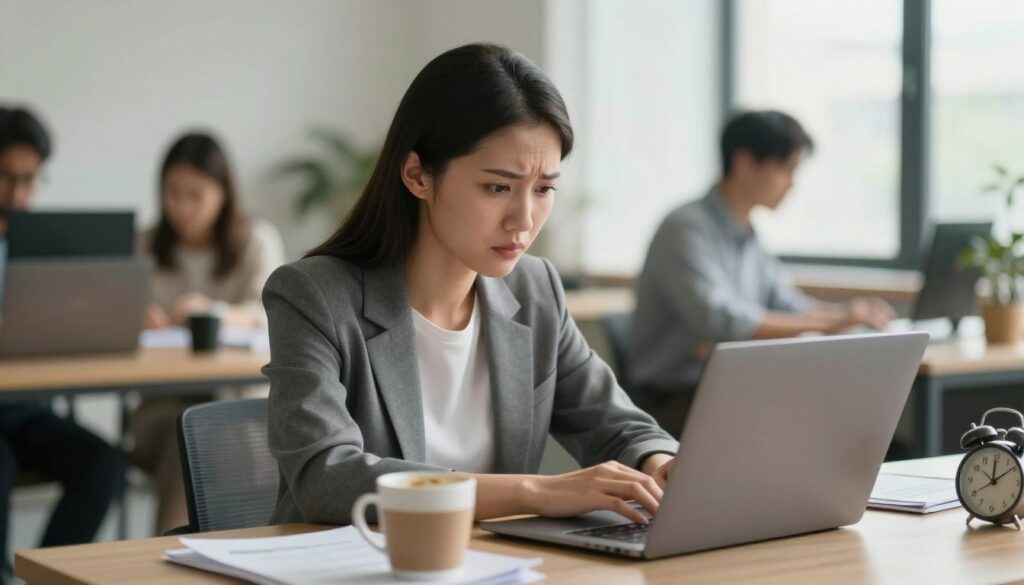 A serene office setting in soft natural light, depicting a professional woman in smart casual attire, seated at a cluttered desk. Her expression shows subtle signs of stress, highlighted by slight furrows on her brow and a tense posture as she gazes at a laptop screen. Surround her with visual cues of stress: scattered papers, an empty coffee cup, and a clock showing late afternoon. In the background, blurred silhouettes of colleagues engaged in work, reflecting a busy atmosphere. The tone is a blend of calm and tension, emphasizing the theme of unnoticed stress. Use a soft-focus lens to create a warm, contemplative mood, avoiding aggressive colors, and focusing on the nuances of everyday stress signs.