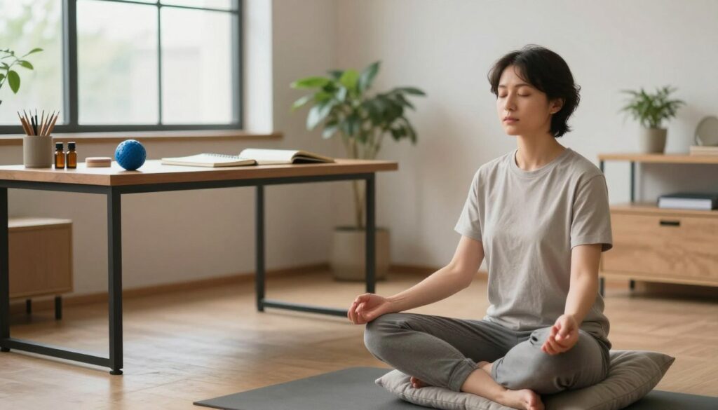A serene office space designed for stress management, showcasing a professional individual in modest casual clothing practicing mindfulness. In the foreground, a person sitting cross-legged on a yoga mat with closed eyes, deep in meditation, surrounded by soft cushions. In the middle ground, a wooden desk with a variety of stress-relief tools like a stress ball, a journal, and calming essential oils. The background features large windows letting in gentle natural light, creating a warm and tranquil atmosphere. Soft greenery from potted plants adds an organic touch, while neutral-toned walls promote calmness. The overall mood is peaceful and focused, emphasizing the importance of finding effective strategies for coping with stress. A serene office space designed for stress management, showcasing a professional individual in modest casual clothing practicing mindfulness. In the foreground, a person sitting cross-legged on a yoga mat with closed eyes, deep in meditation, surrounded by soft cushions. In the middle ground, a wooden desk with a variety of stress-relief tools like a stress ball, a journal, and calming essential oils. The background features large windows letting in gentle natural light, creating a warm and tranquil atmosphere. Soft greenery from potted plants adds an organic touch, while neutral-toned walls promote calmness. The overall mood is peaceful and focused, emphasizing the importance of finding effective strategies for coping with stress.