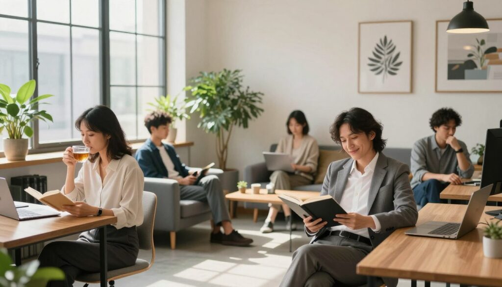 A serene office space during a calm break time, featuring a diverse group of professionals enjoying a moment of relaxation. In the foreground, a woman in smart casual attire sips tea and reads a book, while a man in a crisp business suit stretches and smiles, embracing the peaceful atmosphere. In the middle ground, a cozy corner with green plants and comfortable seating invites a sense of retreat. Soft, natural light streams through large windows, casting gentle shadows and enhancing the warm tones of the wooden desk and plants. The background shows minimalistic decor with motivational art, creating an inspiring environment. The overall mood is tranquil and rejuvenating, capturing the essence of effective work breaks that rejuvenate the mind and enhance focus.