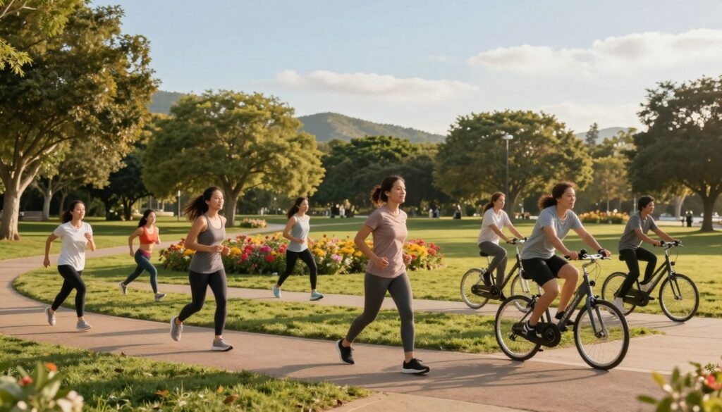 A serene outdoor scene depicting physical activity as a means to reduce stress. In the foreground, a diverse group of individuals in modest athletic wear are engaged in various exercises like jogging, yoga, and cycling, showcasing joy and focus. The middle ground features a sun-drenched park with lush greenery and colorful flowers, emphasizing a connection to nature. In the background, gentle hills and a clear blue sky enhance the peaceful atmosphere. Soft, warm lighting casts a golden hue, creating a calming mood. The angle is slightly elevated, capturing the vitality of the scene while maintaining a sense of tranquility. A serene outdoor scene depicting physical activity as a means to reduce stress. In the foreground, a diverse group of individuals in modest athletic wear are engaged in various exercises like jogging, yoga, and cycling, showcasing joy and focus. The middle ground features a sun-drenched park with lush greenery and colorful flowers, emphasizing a connection to nature. In the background, gentle hills and a clear blue sky enhance the peaceful atmosphere. Soft, warm lighting casts a golden hue, creating a calming mood. The angle is slightly elevated, capturing the vitality of the scene while maintaining a sense of tranquility.