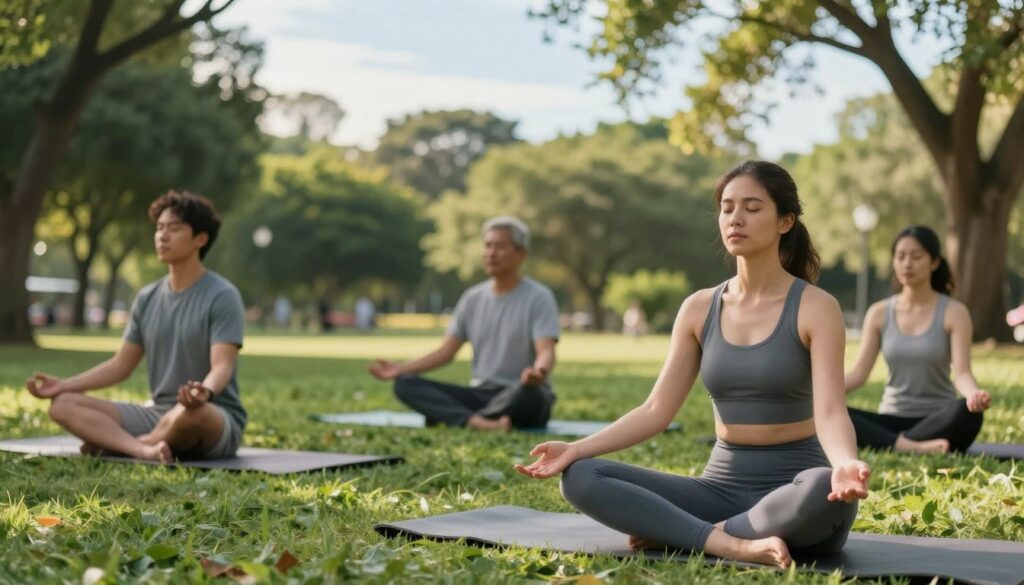 A serene outdoor setting depicting a diverse group of individuals practicing stress-relief exercises in a sunlit park. In the foreground, a woman in modest athletic clothing is performing deep breathing while seated cross-legged on a yoga mat. In the middle ground, two men are engaging in gentle stretching exercises, showcasing focus and tranquility. The background features lush greenery, soft sunlight filtering through trees, and a calm blue sky, creating a peaceful atmosphere. The scene evokes a sense of calm and rejuvenation, emphasizing movement and emotion regulation. Use soft lighting to highlight expressions of relaxation and focus, captured from a slightly elevated angle to give a comprehensive view of the activities.