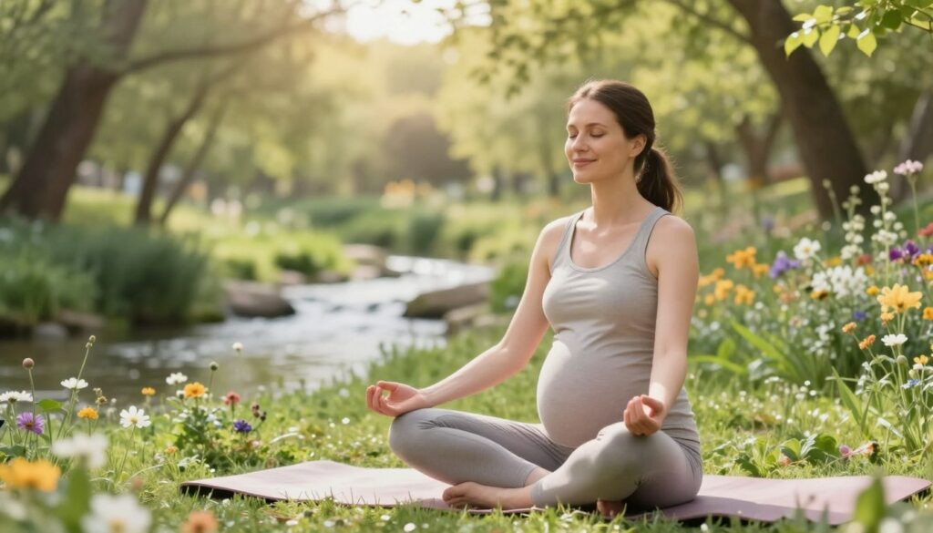 A serene scene depicting a pregnant woman practicing mindfulness in a peaceful, natural setting. In the foreground, she sits cross-legged on a soft yoga mat, dressed in comfortable, modest activewear, with a gentle smile as she engages in deep breathing. Surrounding her are lush greenery and blooming wildflowers, creating a soothing atmosphere. In the middle ground, a soft, flowing stream represents tranquility, while the background features softly lit trees and bright, gentle sunlight filtering through the leaves, casting a warm glow on the scene. The image should evoke feelings of calmness, support, and well-being, with a focus on the journey of stress relief during pregnancy. Choose a natural, slightly blurred angle to create an immersive, inviting composition.