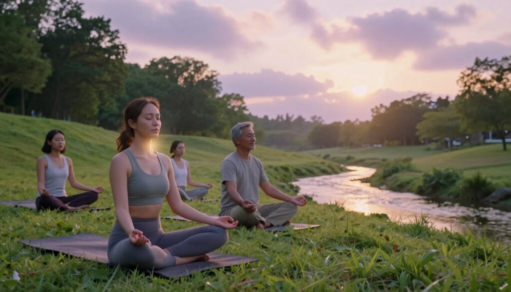 A serene scene depicting mindfulness and meditation, featuring a diverse group of four individuals practicing meditation on a grassy hillside at sunrise. In the foreground, a woman in modest yoga attire sits cross-legged, eyes gently closed, enveloped in a peaceful aura. Nearby, a middle-aged man, also in casual yet modest clothing, practices deep breathing, with a soft smile illuminating his face. The middle ground showcases a gentle stream flowing, reflecting the soft pastel colors of the dawn sky. In the background, lush green trees frame the scene, while clouds begin to part, allowing golden sunlight to filter through, creating a tranquil atmosphere. The lighting is soft and warm, evoking feelings of calm and safety, inviting viewers to experience the essence of mindfulness. A serene scene depicting mindfulness and meditation, featuring a diverse group of four individuals practicing meditation on a grassy hillside at sunrise. In the foreground, a woman in modest yoga attire sits cross-legged, eyes gently closed, enveloped in a peaceful aura. Nearby, a middle-aged man, also in casual yet modest clothing, practices deep breathing, with a soft smile illuminating his face. The middle ground showcases a gentle stream flowing, reflecting the soft pastel colors of the dawn sky. In the background, lush green trees frame the scene, while clouds begin to part, allowing golden sunlight to filter through, creating a tranquil atmosphere. The lighting is soft and warm, evoking feelings of calm and safety, inviting viewers to experience the essence of mindfulness.