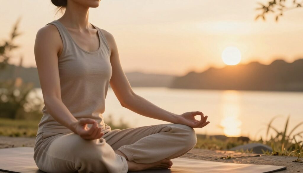 A serene scene showcasing muscle relaxation and mental renewal. In the foreground, a person dressed in comfortable, modest casual clothing is seated in a meditative pose, with a peaceful expression. Muscles appear relaxed, showcasing the body's natural ease. The middle ground features soft, flowing plants and gentle, abstract shapes symbolizing tranquility, while a soothing light bathes the scene in warm, golden hues, suggesting a sunset. The background has soft-focus elements of a serene nature environment, with blurred trees and a calm body of water, enhancing the peaceful atmosphere. The lighting is warm and inviting, creating a sense of comfort and serenity, ideal for conveying long-term stress reduction techniques.