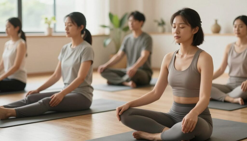 A serene setting depicting a diverse group of individuals, each practicing progressive muscle relaxation techniques inspired by Jacobson's method. In the foreground, one person sits cross-legged on a yoga mat, eyes closed, focusing on their breath, wearing modest athletic clothing. The middle ground features a couple performing gentle stretches, showcasing relaxed body posture, while another individual is seen reclining comfortably, hands resting on their abdomen. The background is a soft-focus with warm, diffused natural light streaming through large windows, illuminating plants and calming décor that enhances a tranquil atmosphere. The overall mood evokes peace and relaxation, emphasizing the theme of muscle relaxation as a remedy for stress.