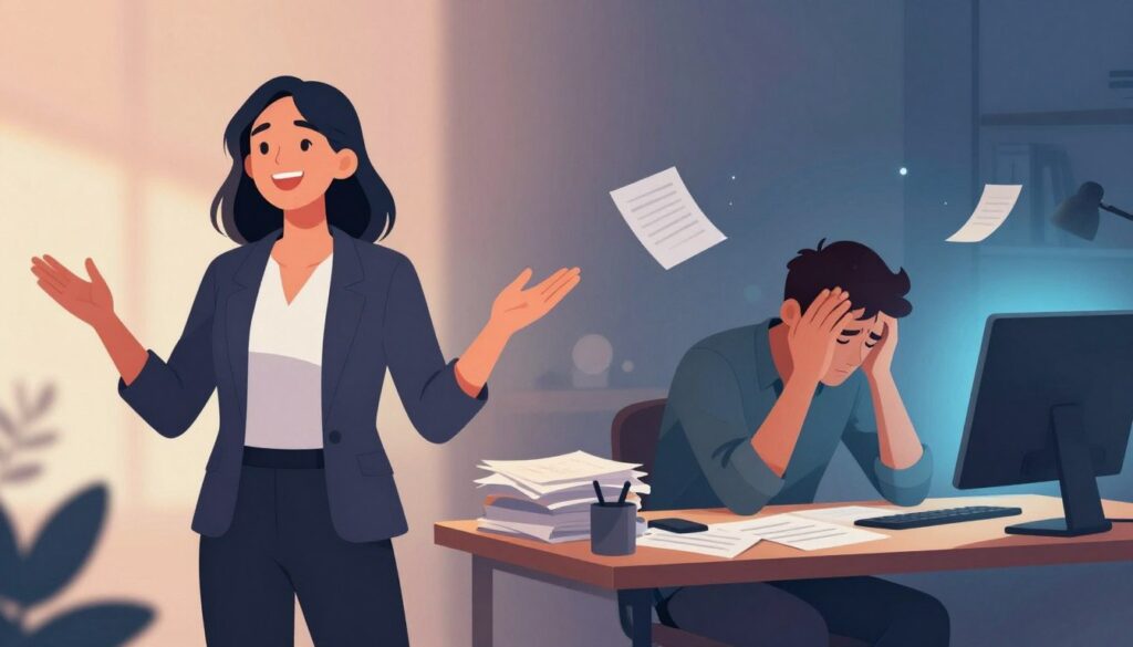A serene split-scene illustration depicting the concepts of eustress and distress. In the foreground, on the left side, a professional woman dressed in modest business attire is joyfully engaging in a challenging yet fulfilling activity, like public speaking or leading a team, embodying eustress. Soft natural lighting highlights her enthusiasm as she smiles confidently. The middle section transitions to the right, where a stressed man in casual clothing sits at a cluttered desk, his head in his hands, surrounded by chaotic papers and a glowing computer screen, illustrating distress. The background features a calming gradient that transitions from warm colors on the left to cooler, darker tones on the right, symbolizing the varying levels of stress. A soft focus lens effect enhances the emotional atmosphere, creating a juxtaposition between the empowering and overwhelming aspects of stress.