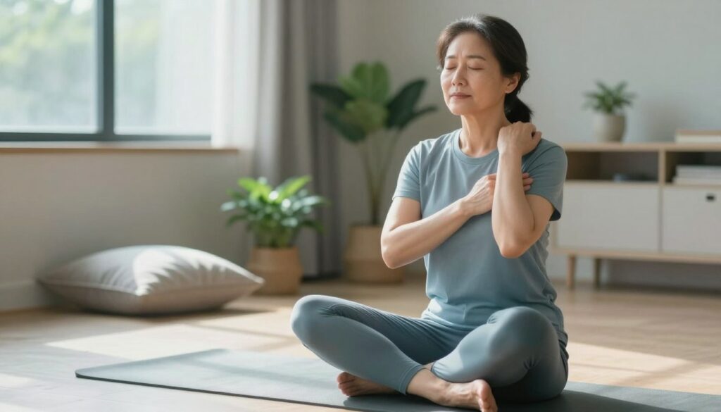 A serene, tranquil scene depicting a professional, middle-aged individual in modest casual clothing, engaged in a gentle stretching exercise to relieve muscle tension. The foreground shows the individual sitting cross-legged on a yoga mat, eyes closed, with a peaceful expression, emphasizing relaxation. In the middle ground, soft pillows and a small plant create a cozy atmosphere. The background features a calming, softly lit room with natural light streaming through a large window, casting gentle shadows. The color palette should include soft blues and greens to evoke tranquility. The overall mood is peaceful and restful, highlighting the importance of relaxation in reducing muscle tension amidst a busy lifestyle.