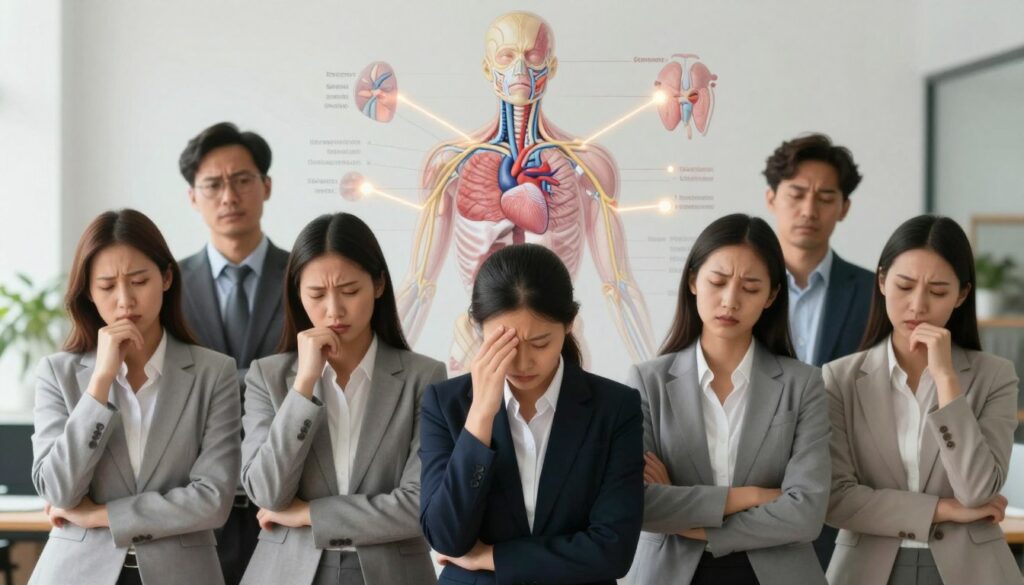 A serene, visually striking representation of the effects of chronic stress on the human body. In the foreground, a diverse group of professionals dressed in business attire stands together, showcasing different expressions of stress—anxiety, fatigue, and concern. In the middle ground, a detailed illustration of various body systems (like the cardiovascular, immune, and nervous systems) is subtly overlaid, with soft glowing lines connecting stress points to the associated health consequences. The background features a calm office environment with soft, natural lighting, illustrating a stark contrast between the serene setting and the internal struggle depicted. The mood is contemplative and informative, inviting viewers to reflect on the impacts of stress on health while maintaining a professional and polished appearance.
