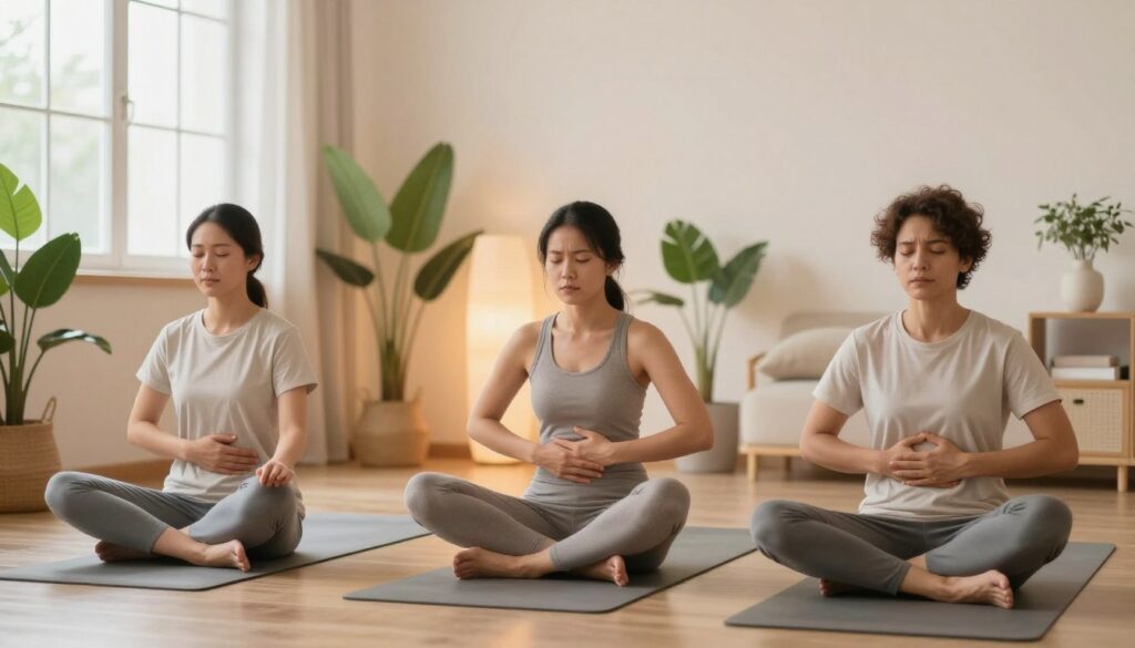 A serene wellness scene depicting various relaxation techniques to alleviate stress-induced nausea. In the foreground, a diverse group of three individuals practicing mindfulness meditation on yoga mats, wearing comfortable, modest clothing. One person sits cross-legged, eyes closed, while another focuses on deep breathing with hands on their abdomen, and the third gently stretches. In the middle ground, a calming space filled with soft, warm lighting, surrounded by green plants and gentle, flowing curtains. The background features a peaceful setting with soft pastel colors, a window letting in natural light, and soothing decor. The atmosphere feels serene and inviting, embodying relaxation and tranquility, ideal for stress relief.