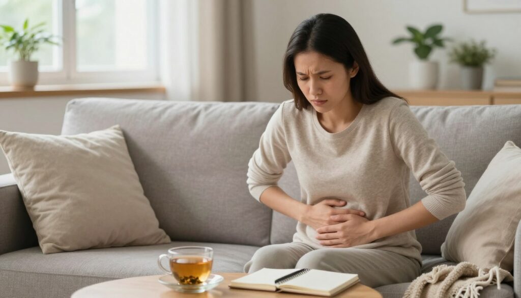 A serene yet concerned woman in a modest casual outfit, sitting on a cozy sofa with her hands resting on her stomach, symbolizing menstrual discomfort. The foreground features soft pillows and a warm blanket for a comforting atmosphere. In the middle, there is a coffee table with herbal tea and a notebook, suggesting self-care and reflection amidst stress. The background displays soft, natural light streaming in from a window, illuminating a peaceful room decorated with indoor plants, creating a calming ambiance. The mood is contemplative and soothing, reflecting the connection between stress and PMS symptoms, emphasizing both emotional and physical aspects of well-being. The focus should be on the woman's expression and the comforting environment around her. A serene yet concerned woman in a modest casual outfit, sitting on a cozy sofa with her hands resting on her stomach, symbolizing menstrual discomfort. The foreground features soft pillows and a warm blanket for a comforting atmosphere. In the middle, there is a coffee table with herbal tea and a notebook, suggesting self-care and reflection amidst stress. The background displays soft, natural light streaming in from a window, illuminating a peaceful room decorated with indoor plants, creating a calming ambiance. The mood is contemplative and soothing, reflecting the connection between stress and PMS symptoms, emphasizing both emotional and physical aspects of well-being. The focus should be on the woman's expression and the comforting environment around her.