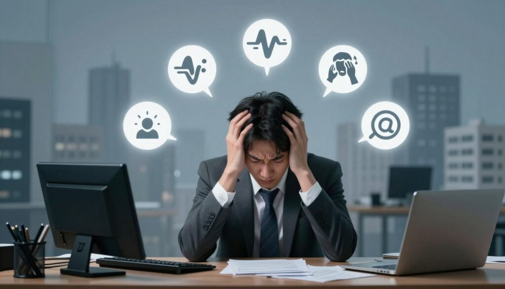 A serene yet evocative illustration encapsulating the theme of stress symptoms. In the foreground, a person dressed in professional business attire sits at a cluttered desk, their expression a mix of anxiety and fatigue, with hands grasping their head in desperation. In the middle, various icons representing physical symptoms of stress—such as a racing heartbeat, headaches, and fatigue—float around the individual. The background fades into a chaotic cityscape, with distant buildings and blurred figures symbolizing the overwhelming pace of modern life. The lighting is soft but moody, creating a contrast between comfort and chaos, while a subtle blue tint evokes feelings of unease. The overall atmosphere conveys a sense of urgency and the struggle to identify overwhelming stress signals amidst daily life.