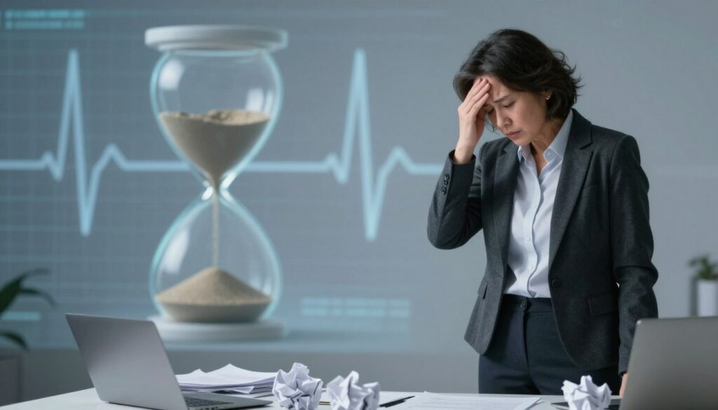 A serene yet impactful scene depicting the effects of stress on health over time. In the foreground, a middle-aged person, wearing professional business attire, stands with their hand on their forehead, looking distressed, surrounded by crumpled papers and a cluttered desk, representing workplace stress. In the middle ground, an hourglass with sand flowing symbolizes the passage of time, illustrating long-term effects. The background features a soft-focus image of a heart monitor with subtle fluctuations, signaling health concerns. The lighting is soft and diffused, casting gentle shadows that create a somber yet reflective mood. The angle is slightly elevated, offering a comprehensive view of the entire scene without distractions or text. A serene yet impactful scene depicting the effects of stress on health over time. In the foreground, a middle-aged person, wearing professional business attire, stands with their hand on their forehead, looking distressed, surrounded by crumpled papers and a cluttered desk, representing workplace stress. In the middle ground, an hourglass with sand flowing symbolizes the passage of time, illustrating long-term effects. The background features a soft-focus image of a heart monitor with subtle fluctuations, signaling health concerns. The lighting is soft and diffused, casting gentle shadows that create a somber yet reflective mood. The angle is slightly elevated, offering a comprehensive view of the entire scene without distractions or text.