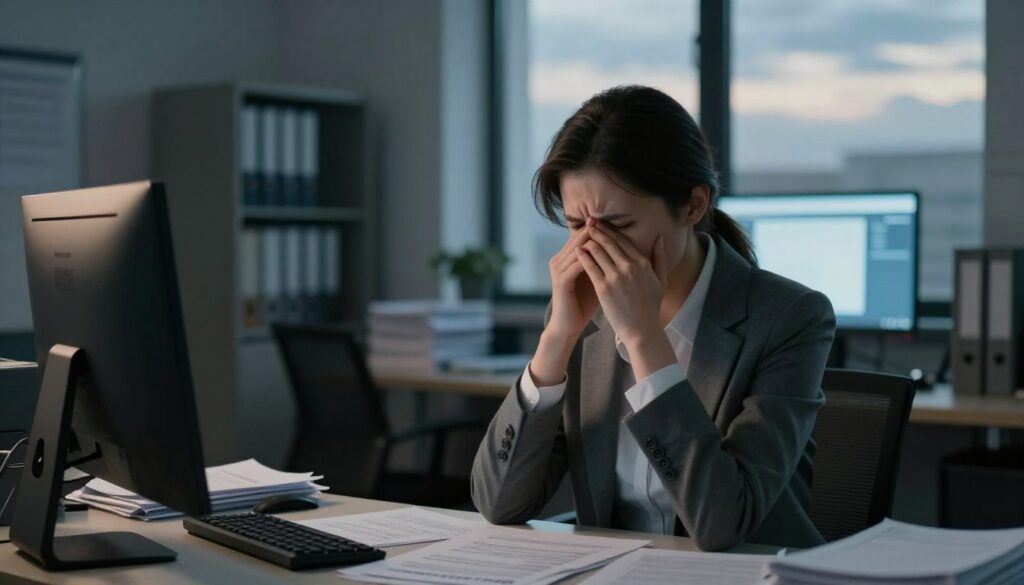 A serene yet slightly tense office environment, capturing the essence of "niepokoju." In the foreground, a person in professional business attire sits at a desk, with a furrowed brow and hands clasped loosely, reflecting inner turmoil. In the middle ground, scattered papers and a glowing computer screen hint at overwhelming workloads. The background features soft, blurred office elements, such as filing cabinets and a window with a view of a cloudy sky to symbolize uncertainty. The lighting is a mix of cool and warm tones, casting soft shadows that evoke a feeling of discomfort amidst routine. The atmosphere should feel balanced between calmness and unease, portraying the contrast of stress lurking beneath a professional facade. A serene yet slightly tense office environment, capturing the essence of "niepokoju." In the foreground, a person in professional business attire sits at a desk, with a furrowed brow and hands clasped loosely, reflecting inner turmoil. In the middle ground, scattered papers and a glowing computer screen hint at overwhelming workloads. The background features soft, blurred office elements, such as filing cabinets and a window with a view of a cloudy sky to symbolize uncertainty. The lighting is a mix of cool and warm tones, casting soft shadows that evoke a feeling of discomfort amidst routine. The atmosphere should feel balanced between calmness and unease, portraying the contrast of stress lurking beneath a professional facade.