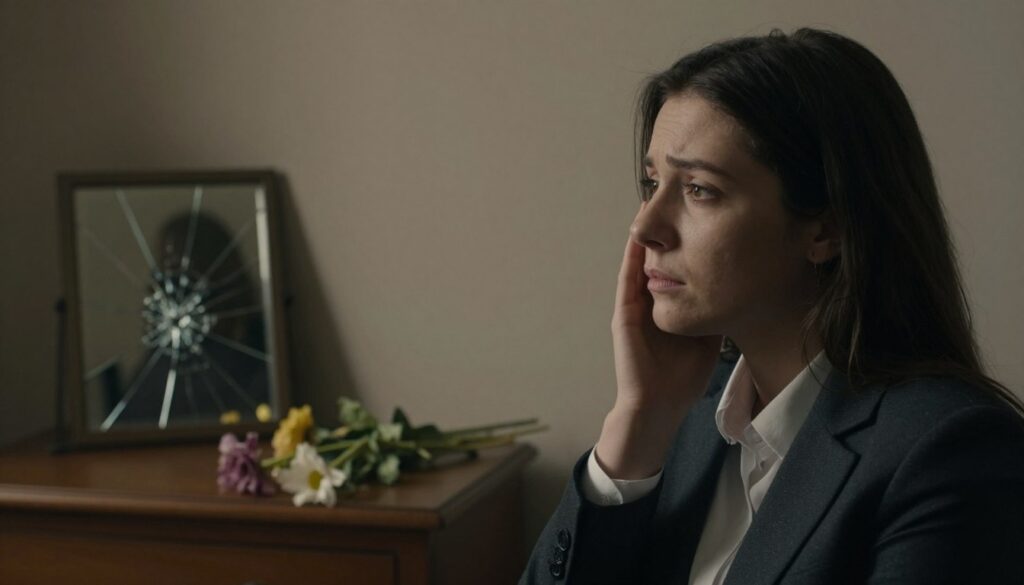 A serene, yet somber scene emphasizing the theme of warning signals related to mental health. In the foreground, a whispering figure in professional attire, gazing thoughtfully toward the distance, symbolizing introspection and the need for help. In the middle ground, subtle visual cues such as a cracked mirror and wilting flowers represent distress and fading hope. The background features a dimly lit room, suggesting confinement and isolation, with soft shadows creating a somber atmosphere. The overall lighting is muted and warm, evoking a profound sense of contemplation. The image should convey seriousness and an urgent need for awareness and support, with an impression of urgency, yet also hope for healing.