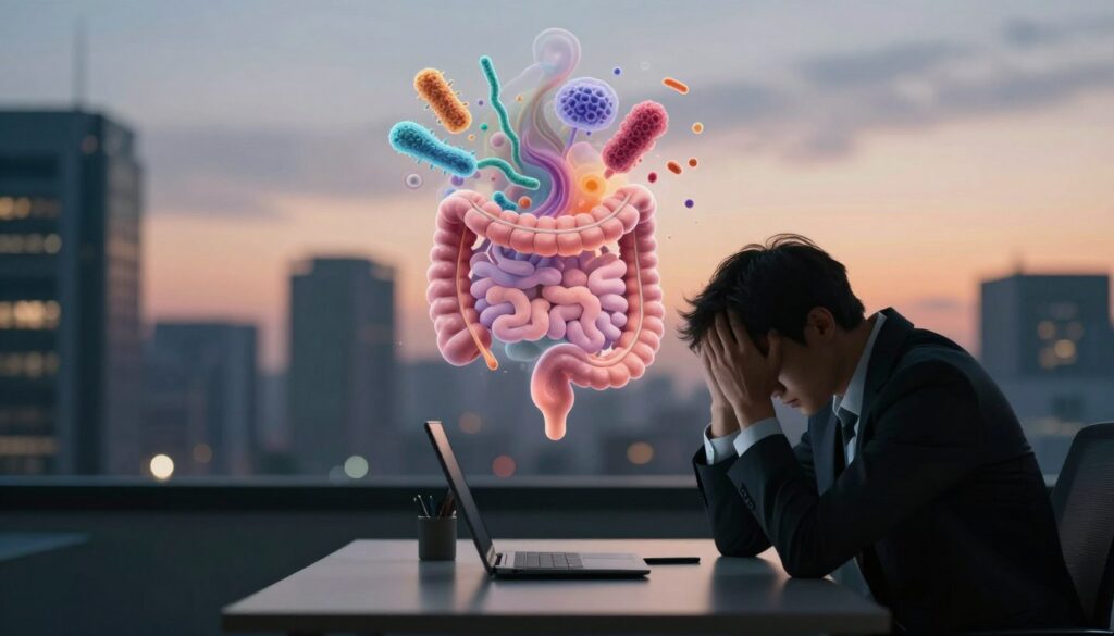 A serene yet thought-provoking composition illustrating chronic stress and its impact on gut health. In the foreground, a human silhouette, dressed in professional business attire, sits at a desk, hands on their head, conveying a sense of overwhelm. In the middle ground, an abstract visualization of swirling colors representing stress, merging with images of gut microbiota, like bacteria and microorganisms, subtly overlaid in a translucent manner. The background features a soft-focus of a cityscape at dusk, symbolizing urban stressors, with warm, ambient lighting enhancing a contemplative mood. The overall scene should evoke a sense of tension balanced with the need for calm, emphasizing the connection between the mind and gut in a visually engaging manner.