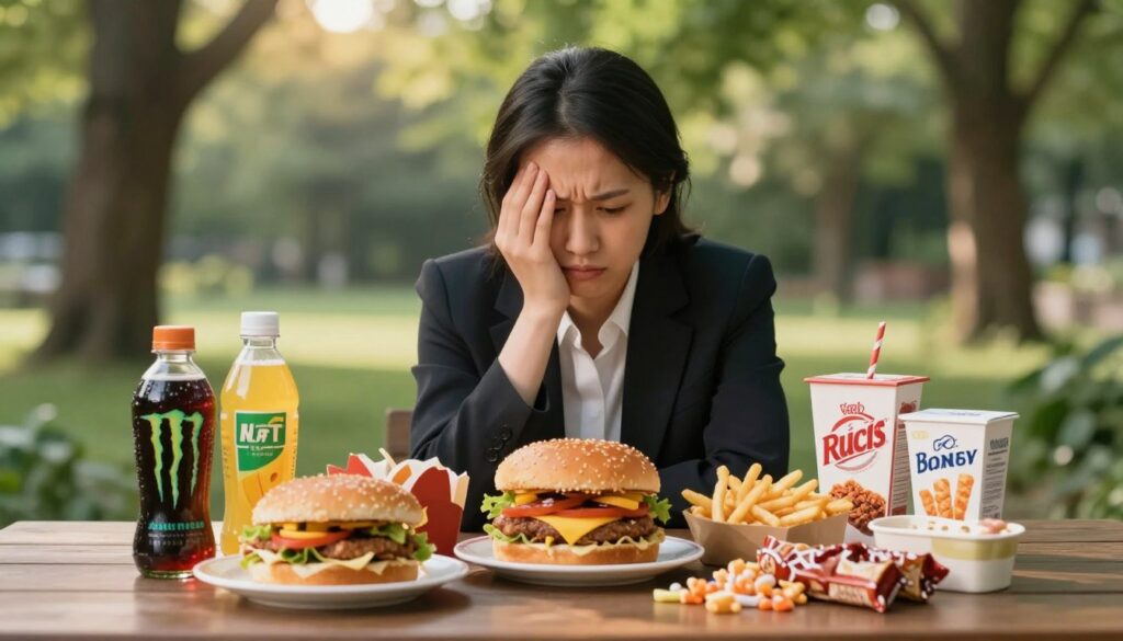A serene yet thought-provoking composition illustrating products to avoid during stress. In the foreground, an array of tempting but unhealthy items, such as energy drinks, fast food, and sugary snacks, displayed in an inviting manner. In the middle ground, a concerned individual, dressed in professional attire, gazes at the items with a thoughtful expression, symbolizing the choice to avoid these products. The background features a calming natural setting, with soft green hues and diffused sunlight filtering through trees, creating a tranquil atmosphere. The lighting is warm and inviting, enhancing the contrast between the foreground's unhealthy choices and the peaceful environment. The overall mood conveys caution and reflection, emphasizing the importance of mindful decisions for stress management.