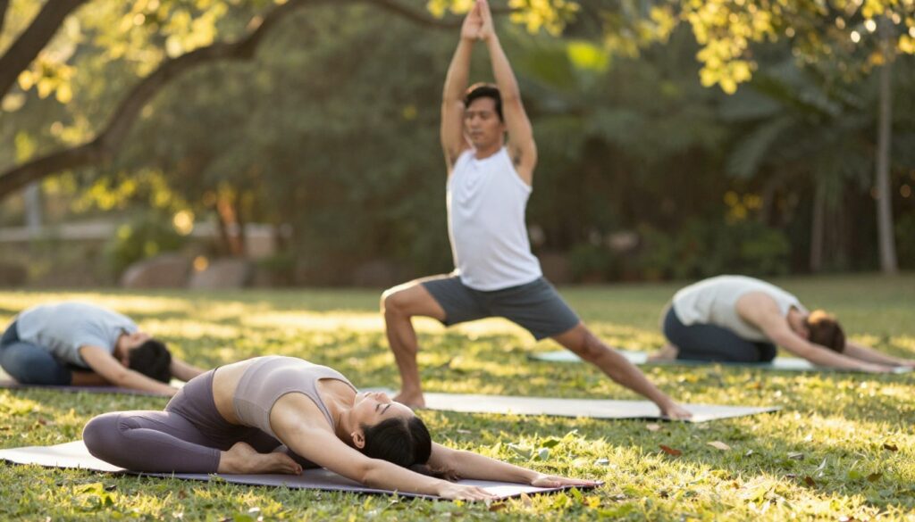A serene yoga scene featuring a diverse group of three individuals practicing gentle yoga poses in a peaceful outdoor setting. In the foreground, an Asian woman in comfortable activewear performs a calming seated forward bend. In the middle ground, a Hispanic man stretches into a gentle warrior pose, embodying focus and tranquility. In the background, lush greenery and soft sunlight filter through the leaves, casting dappled shadows on the grassy ground, creating a warm, inviting atmosphere. The soft colors of the yoga mats contrast harmoniously with nature, enhancing a feeling of calm and mindfulness. The scene should evoke a sense of relaxation, balance, and a peaceful approach to yoga practice, perfect for beginners seeking stress relief without pressure. The image should have soft, diffused lighting to convey tranquility.