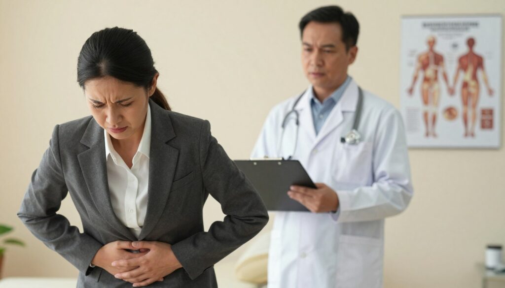 A somber medical scene depicting alarming abdominal symptoms. In the foreground, a concerned individual, dressed in professional business attire, clasps their stomach with a pained expression, reflecting distress. In the middle ground, a doctor in a lab coat stands ready to assist, holding a clipboard and looking attentive, symbolizing the urgency for medical consultation. The background features a softly lit, minimalistic clinic room with medical charts and anatomical posters, emphasizing a clinical atmosphere. Use warm, diffused lighting to create a serious yet hopeful mood, with a slight focus on the individual in the foreground, capturing the intensity of the moment from a slightly angled perspective. The composition should foster a sense of urgency and concern about gastrointestinal distress.