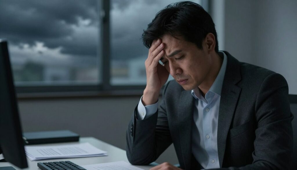 A somber office environment, focusing on a close-up of a professional adult in business attire, sitting at a desk. The expression reflects anxiety and distress, depicting the emotional aftermath of a traumatic event. In the background, a dimly lit room with a window showing dark clouds outside, hinting at a stormy atmosphere symbolizing turmoil. Soft, diffused lighting emphasizes the individual’s facial features and distressed emotions. Papers scattered on the desk symbolize confusion and overwhelming thoughts. The angle should be slightly tilted to create unease, with shallow depth of field to emphasize the subject's struggle. The scene conveys a mood of introspection and vulnerability, illustrating the common symptoms of post-traumatic stress disorder (PTSD) after a traumatic incident.