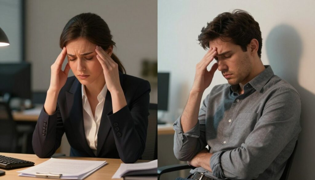 A split scene illustrating the symptoms of elevated prolactin levels in women and men. On the left, depict a woman in professional attire, rubbing her temples, visibly stressed, with signs of fatigue under warm, soft lighting. Her surroundings feature a cluttered desk with paperwork, symbolizing work-related stress. On the right, show a man in business casual clothing, leaning against a wall with a worried expression, his hand on his forehead, also in a softly lit environment. The background includes faint outlines of an office, subtly indicating a busy work atmosphere. A calm and serious mood pervades the image, highlighting the emotional and physical impact of high prolactin levels.
