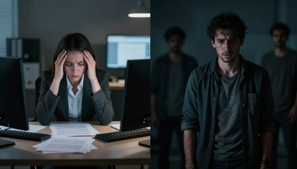 A split-screen image depicting the contrast between chronic stress and traumatic stress. On the left, a somber office scene with a professional woman in business attire, sitting at a cluttered desk, her expression strained, surrounded by papers and a flickering computer screen, capturing the essence of chronic stress. Soft, dim lighting enhances the feeling of overwhelm. On the right, a darker, more chaotic scene depicting a man in modest casual clothing, standing in a shadowy environment, his face showing signs of trauma, trapped in a frayed memory, with blurred, haunting images in the background to symbolize traumatic experiences. The overall atmosphere should evoke a sense of tension and introspection, with a focus on emotional depth rather than explicit visuals.