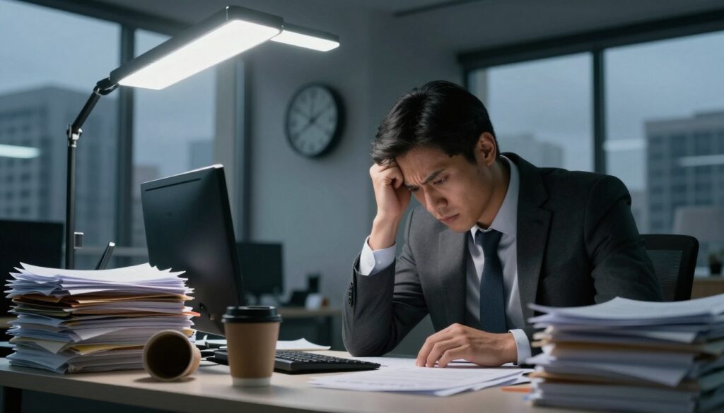 A stressed business professional sitting at a cluttered desk, with papers and files stacked around them, illuminated by harsh fluorescent lights. The foreground captures their furrowed brow and look of concern, dressed in a neat suit. In the middle, a clock on the wall shows late hours, symbolizing long working days, while an overflowing coffee cup adds to the tension. In the background, through a glass window, a gloomy cityscape highlights a sense of isolation. The atmosphere is dense with anxiety, translated into a dimly lit setting that emphasizes the weight of prolonged stress. Capture this scene with a slightly skewed angle to enhance the feeling of unease. Use shadow and light contrasts to depict the stark realities of chronic stress.