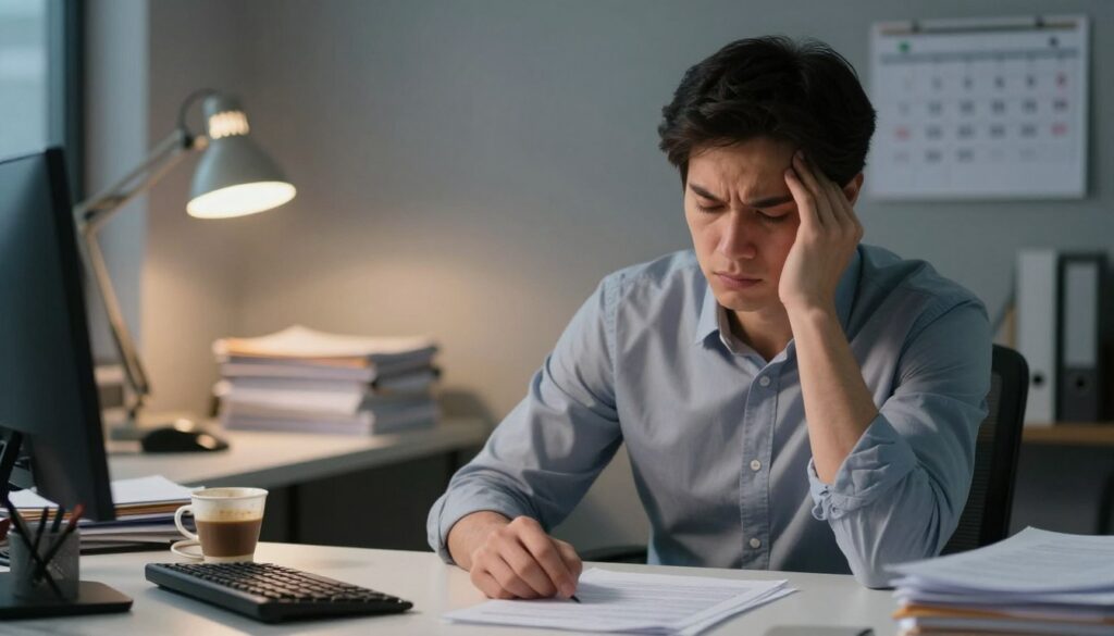 A stressed individual sitting in a modern office environment, depicting subtle signs of stress that could be mistaken for a cold or fatigue. In the foreground, the person, dressed in smart casual attire, has a furrowed brow and a weary expression, holding their head in one hand while the other rests on a cluttered desk filled with papers and a half-finished cup of coffee. In the middle ground, a dimly lit desk lamp casts a warm glow, contrasting with the cooler tones of the room. In the background, blurred office elements like a calendar on the wall and stacks of files create a sense of chaos. The atmosphere is tense yet relatable, symbolizing the unexpected physical manifestations of stress. The lighting should evoke a sense of urgency, highlighting the emotional weight carried by the subject.
