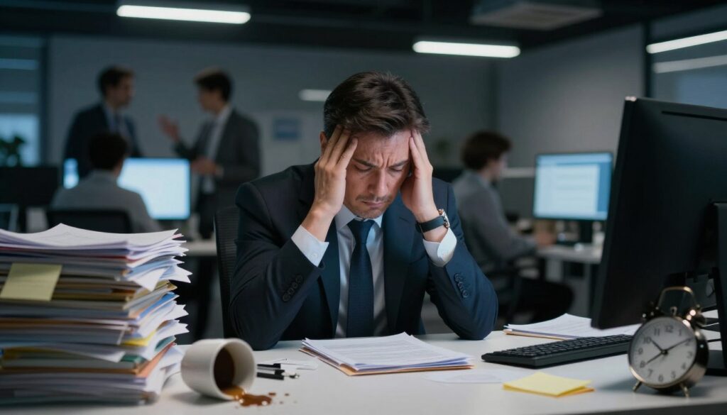 A stressed office worker sitting at a cluttered desk, surrounded by stacks of paperwork and a glowing computer screen, reflecting overwhelming workload. The worker, a middle-aged man in a smart business suit, has a furrowed brow and tired eyes, cradling his head in his hands. In the foreground, a coffee mug spills slightly, while scattered notes and a clock showing late hours add to the chaos. The middle ground features a dimly lit office space with flickering fluorescent lights, emphasizing a sense of fatigue and pressure. In the background, blurred silhouettes of colleagues can be seen, engaged in animated discussions, adding to the atmosphere of a tense workplace. The overall mood is heavy and oppressive, capturing the essence of chronic stress in a professional environment.