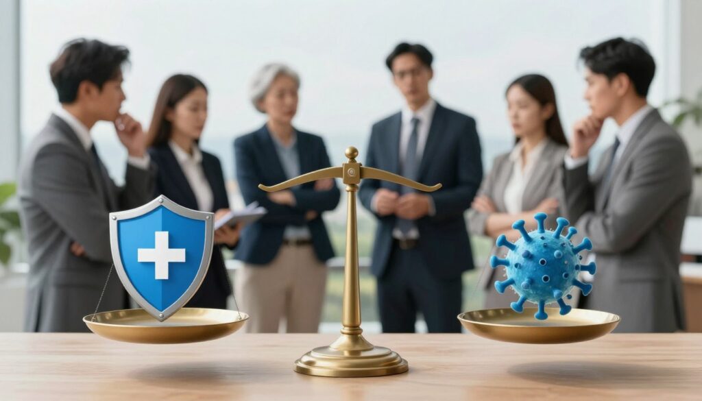 A thought-provoking representation of the concepts of resilience and risk, featuring a balanced scale in the foreground weighing various health icons: a shield symbolizing immunity on one side and a virus icon on the other. In the middle ground, a diverse group of professionals in business attire engage in discussion, showcasing collaboration and awareness of health-related issues. The background depicts a serene landscape, symbolizing stability and balance. Soft, natural lighting highlights the expressions of concern and determination on the faces of the individuals. The overall mood is one of reflection and seriousness, inviting viewers to consider the implications of long-term stress on health parameters, with a focus on immunity, infections, and chronic diseases. A thought-provoking representation of the concepts of resilience and risk, featuring a balanced scale in the foreground weighing various health icons: a shield symbolizing immunity on one side and a virus icon on the other. In the middle ground, a diverse group of professionals in business attire engage in discussion, showcasing collaboration and awareness of health-related issues. The background depicts a serene landscape, symbolizing stability and balance. Soft, natural lighting highlights the expressions of concern and determination on the faces of the individuals. The overall mood is one of reflection and seriousness, inviting viewers to consider the implications of long-term stress on health parameters, with a focus on immunity, infections, and chronic diseases.