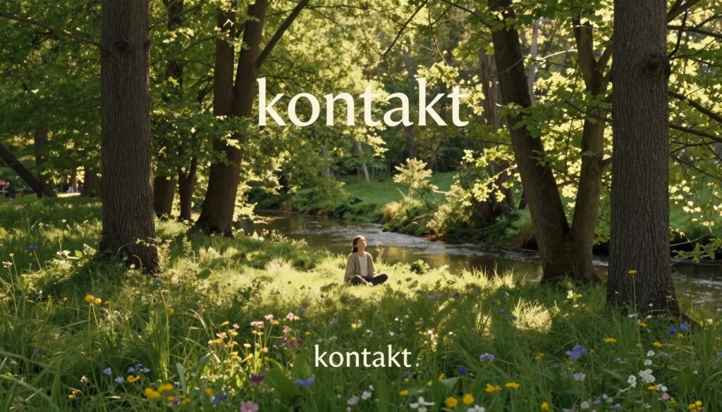 A tranquil forest scene capturing a moment of "kontakt" with nature, showcasing a diverse array of lush green trees and vibrant wildflowers in the foreground. In the middle ground, a person in modest casual clothing engages with nature, sitting peacefully on a soft patch of grass, eyes closed, taking in their surroundings. The backdrop features a gentle stream reflecting the dappled sunlight filtering through the leaves, creating a serene atmosphere. The lighting is warm and inviting, with soft, golden rays of sunlight casting gentle shadows. The mood is calming and restorative, evoking feelings of peace and connection to the sensory elements of the natural world.