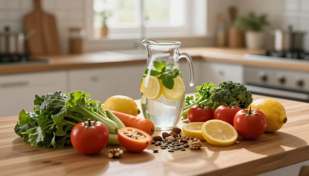A tranquil kitchen scene focused on a healthy, balanced meal spread out on a wooden table, symbolizing nutrition's role in supporting the nervous system. In the foreground, a vibrant array of colorful fruits and vegetables—rich greens, bright reds, and earthy yellows—intermingled with nuts and seeds, all beautifully arranged. In the middle, a glass jug of refreshing water, garnished with mint and lemon slices, radiating hydration. The background features soft, warm lighting filtering through a window, casting gentle shadows. The atmosphere is calming and inviting, embodying wellness and serenity. Opt for a gentle focus effect to enhance the soothing vibe while capturing the essence of nourishment and vitality. No text or distractions are included, ensuring a clear representation.